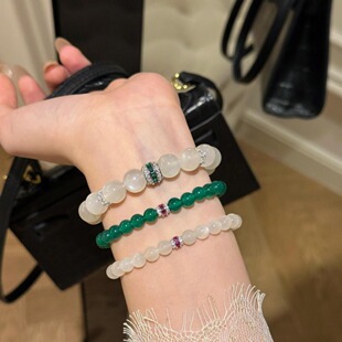 s925纯银手链水晶荔枝手串天然白石绿玉髓转运珠女高级招财转运