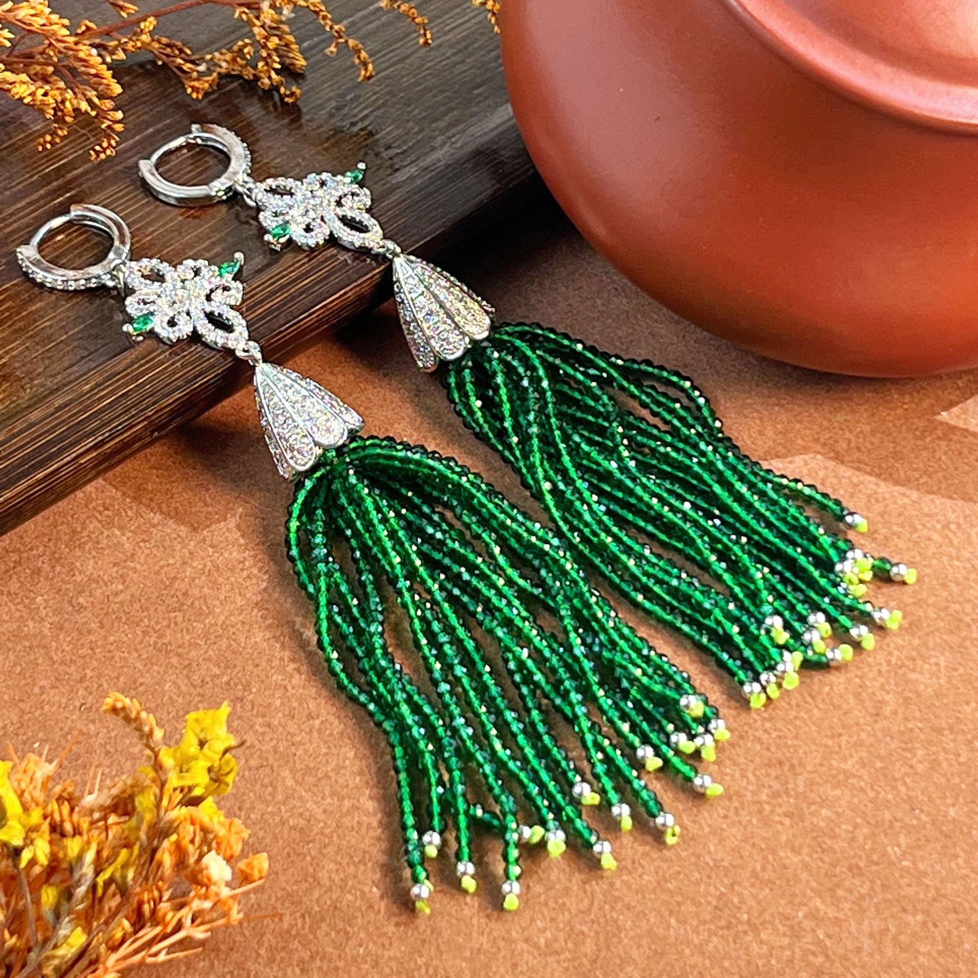 欧美风人造猫眼石长款流苏耳环绿小圆珠配饰可做手机绳吊坠高级感