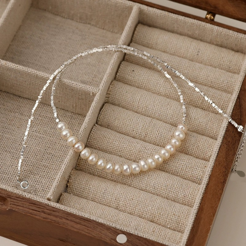 s999足银天然淡水珍珠碎银子项链气质轻奢不规则时尚个性锁骨链女