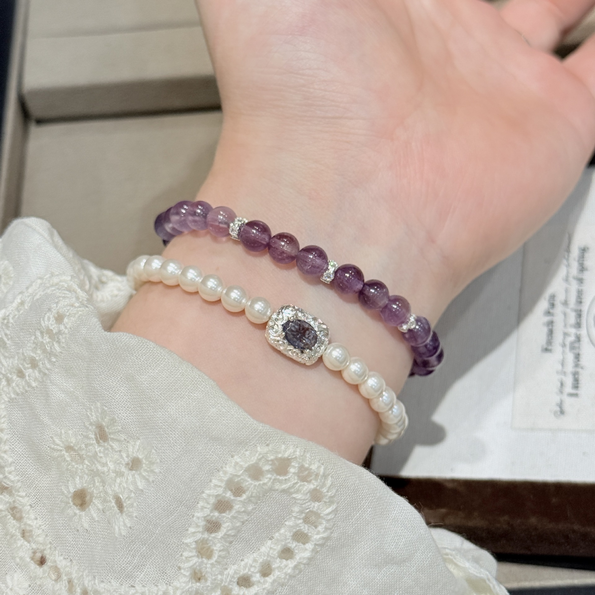 施家珍珠手串紫色魔盒祥云手链简约设计感小众高级感复古纯银手饰