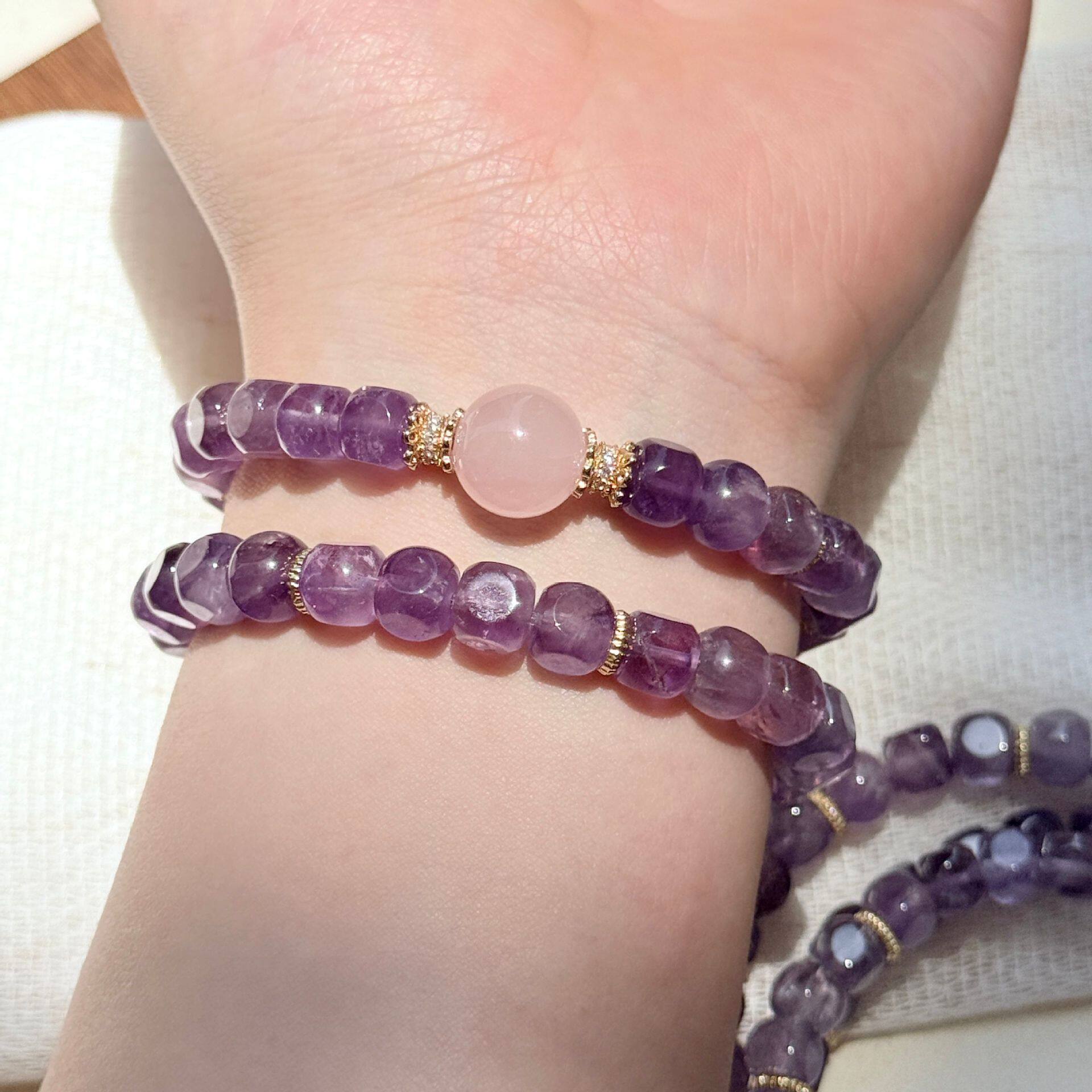 紫水晶手串天然粉晶糖豆手链菱形明星同款女简约小众设计气质浪漫