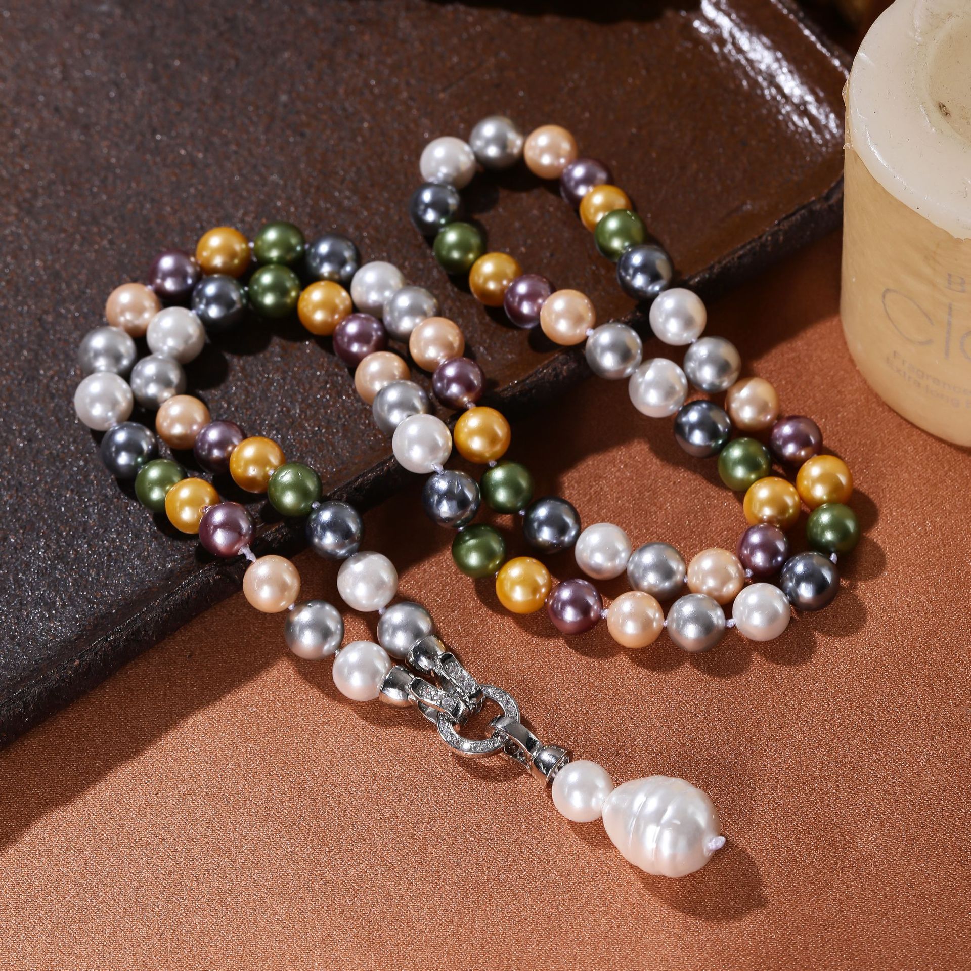 爆款小众设计款韩版施家贝珠毛衣链法式小香风串珠拼色项链