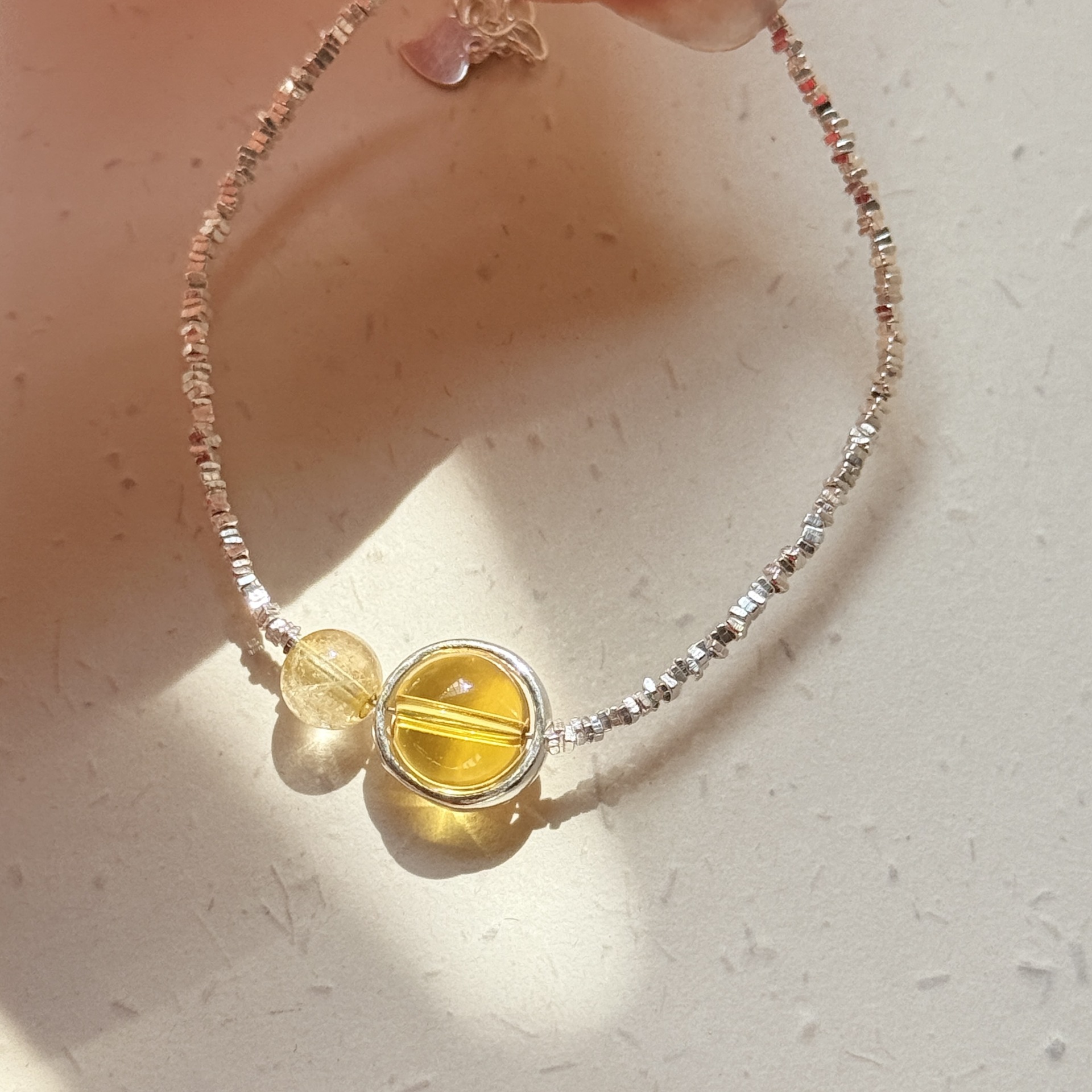 s925纯银天然黄水晶转运珠手链女轻奢小众高级感黄塔晶碎银子手饰