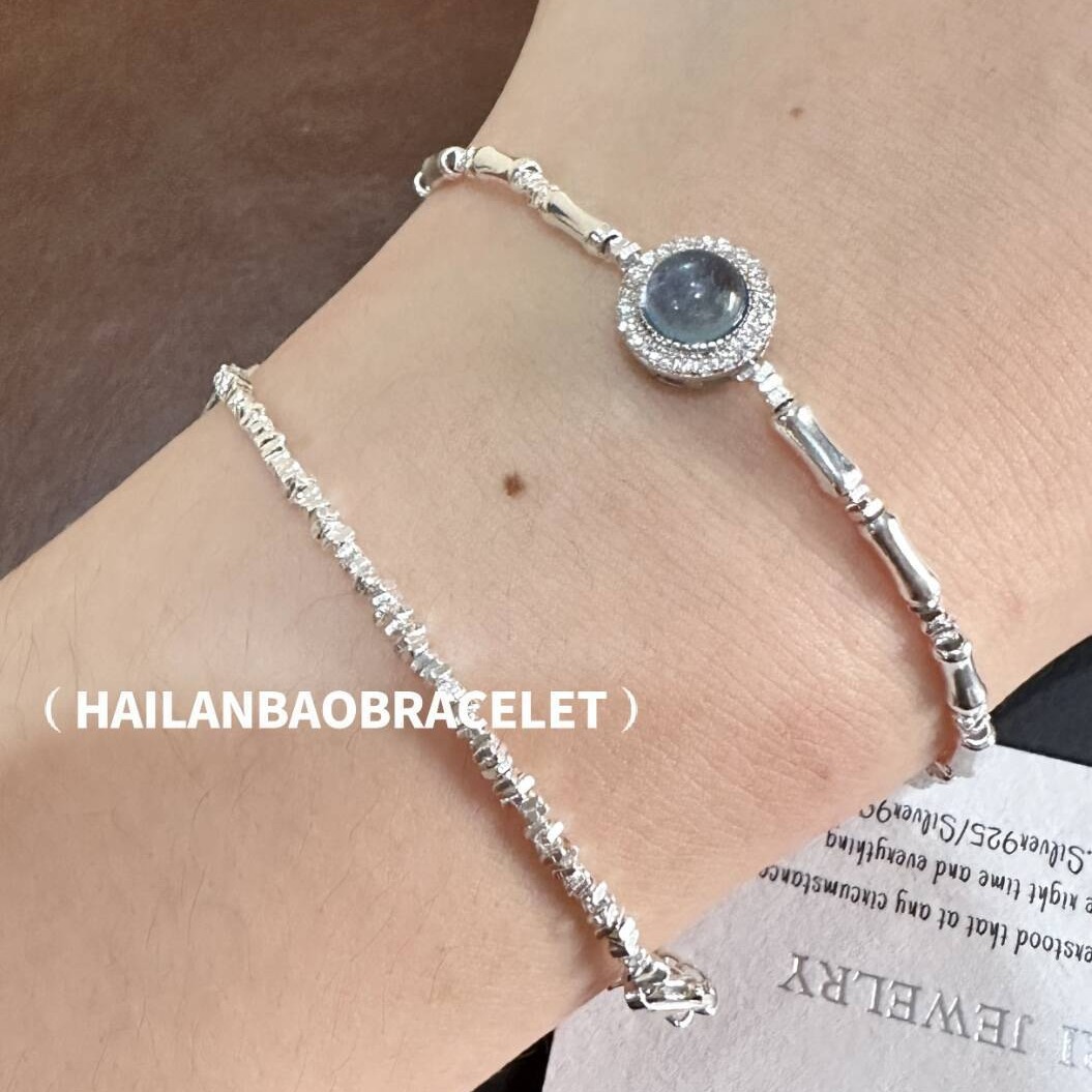 s925纯银天然海蓝宝碎银子手链女竹节新中式手饰轻奢小众设计精致