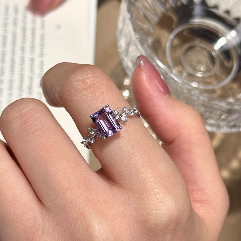 s925纯银天然紫水晶方块戒指女轻奢小众设计高级感精致ins风指环