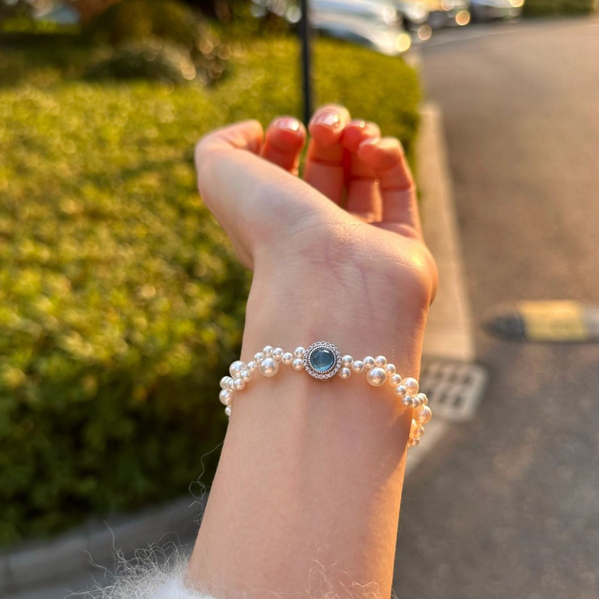 s925纯银天然海蓝宝手链多层施家珍珠气质百搭小众设计高级手饰女