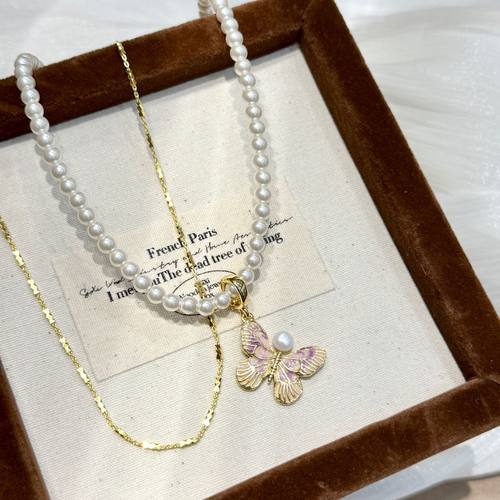 s925纯银天然珍珠蝴蝶万能扣吊坠珍珠项链女轻奢高级感锁骨链