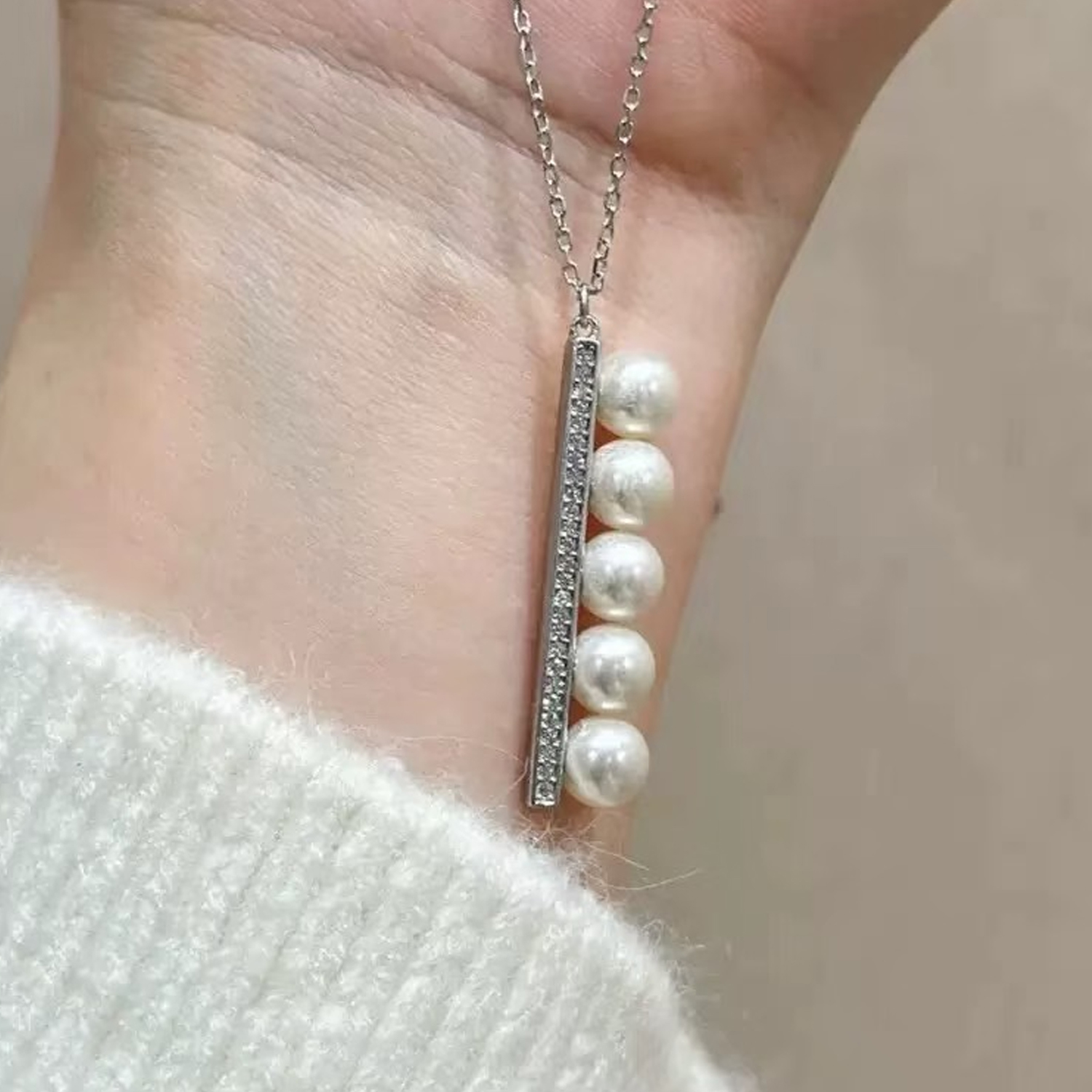 平衡木珍珠项链S925纯银日韩一字