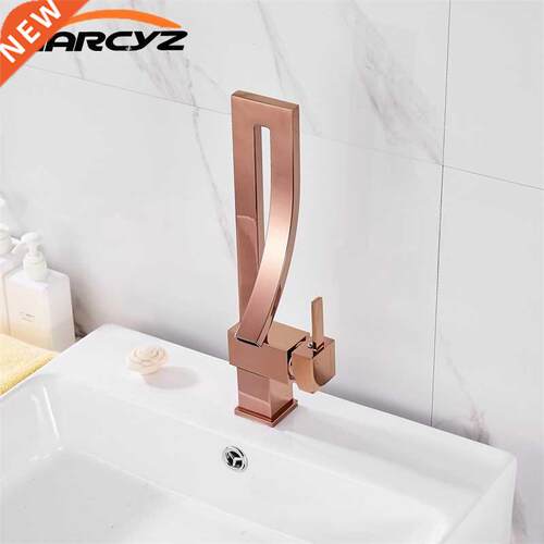 Basin Faucet Deck Mount Rose Gold Curved Spout Creative Des