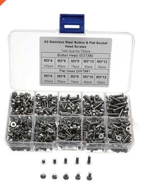 720pcs Stainless Steel M3 Button Flat Socket Head Screws Set