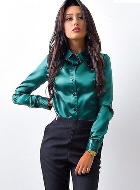 Blusa Women Blouse Elegant Wine red Green Satin Shirt Turn D