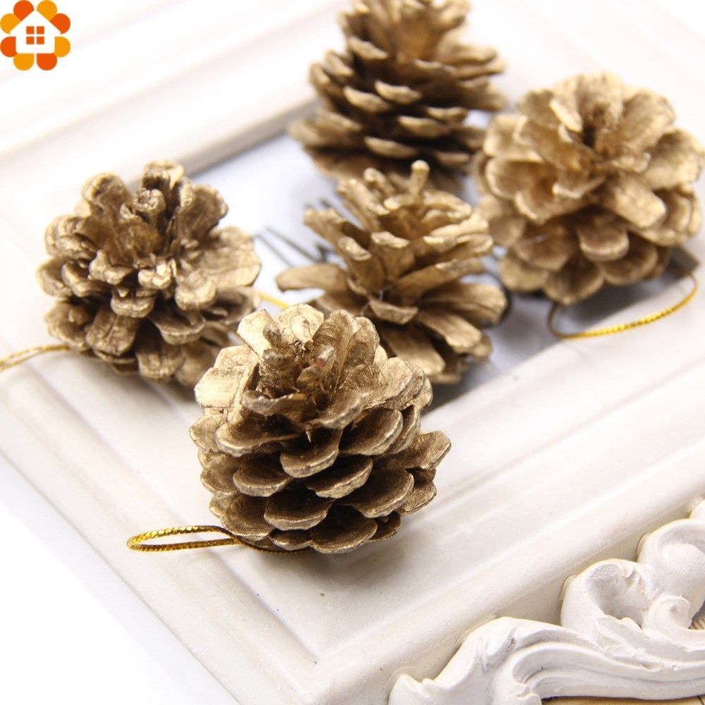 Hot!9PCS Gold Christmas Ornaments Pine Cones DIY Xmas Tree O