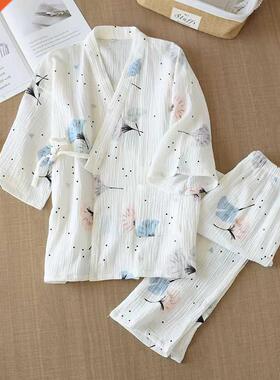 Spring and Summer Pure Cotton Yarn Kimono Pajamas V-Ne Pri