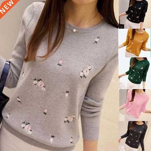 Embroidery Neck Women Knitted Floral Pullover Jump Fashion