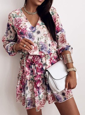 Spring Women's Chiffon V Neck Flower Print Dress Casual