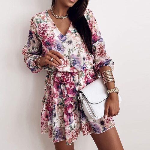 Spring Women's Chiffon V Neck Flower Print Dress Casual