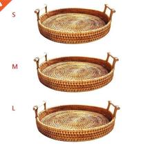 Round Rattan orage Tray Basket with Handle Hand-Woven Brea