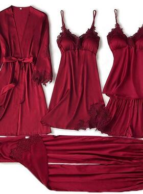 Pajama Set Women Lace Trim Satin Spwear Pyjamas Pour Femm