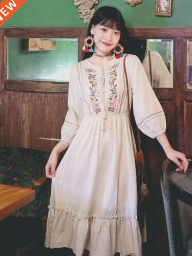 Summer new women	s dress retro ethnic style eroidered tas