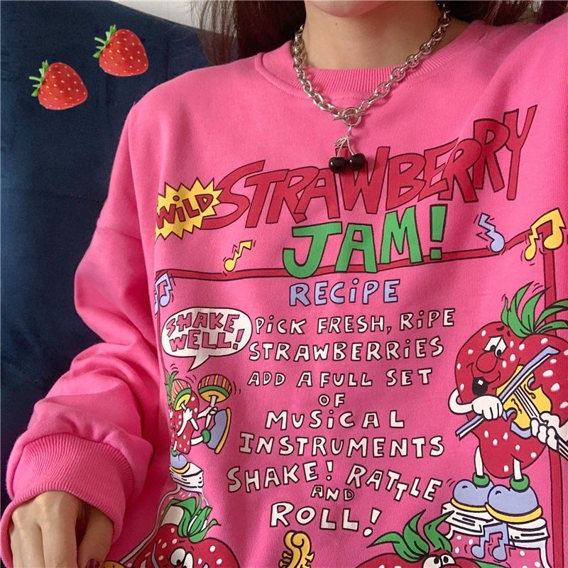 2021 New Harajuku Retro Top Strawberry Print Hoodie Women Lo