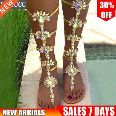 Woman Sandal Boots Rhnestone Lady Knee Hgh Boots Thn Hgh