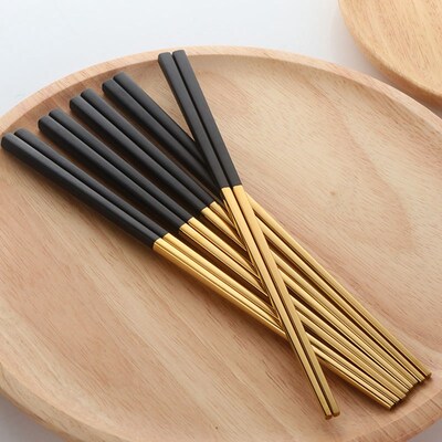 5 Pairs Chopsticks Stainless Steel Chinese Gold Set Black Me