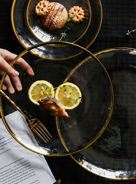 Gold Inlay Edge Glass Food Serving Plate Fruit Dessert Cake