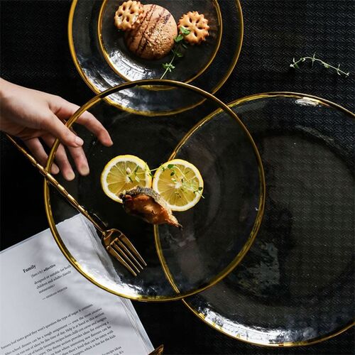 Gold Inlay Edge Glass Food Serving Plate Fruit Dessert Cake