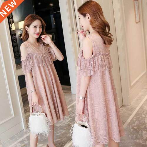 Maternity Dress Summer Dress Mid-length Fashion Lace Off-sho