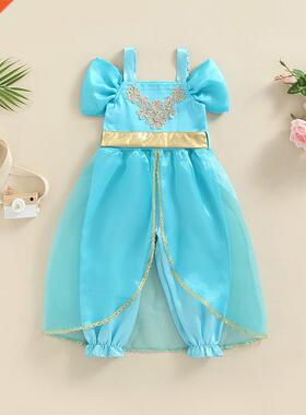 Kids Girl Summer Casual Jumpsuit Overalls Off Shoulder Mesh