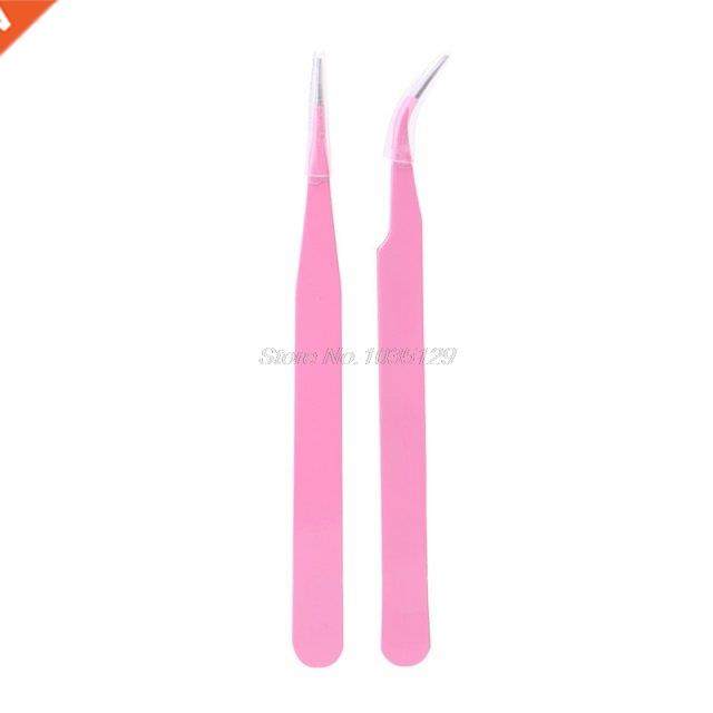 2PC Pink Steel Straight + Bend Tweezer Nippers For Eyelash E