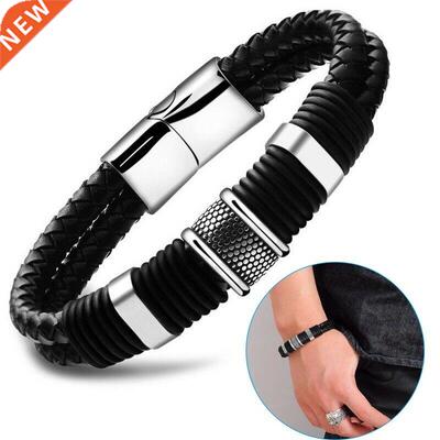 Gentleman Leather Titanium Steel Braided Clasp Bangle Bracel
