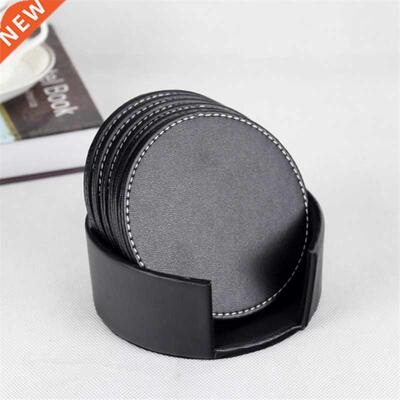 6pcs Set PU Leather Coaster Cup Mat Black Round Square Pad