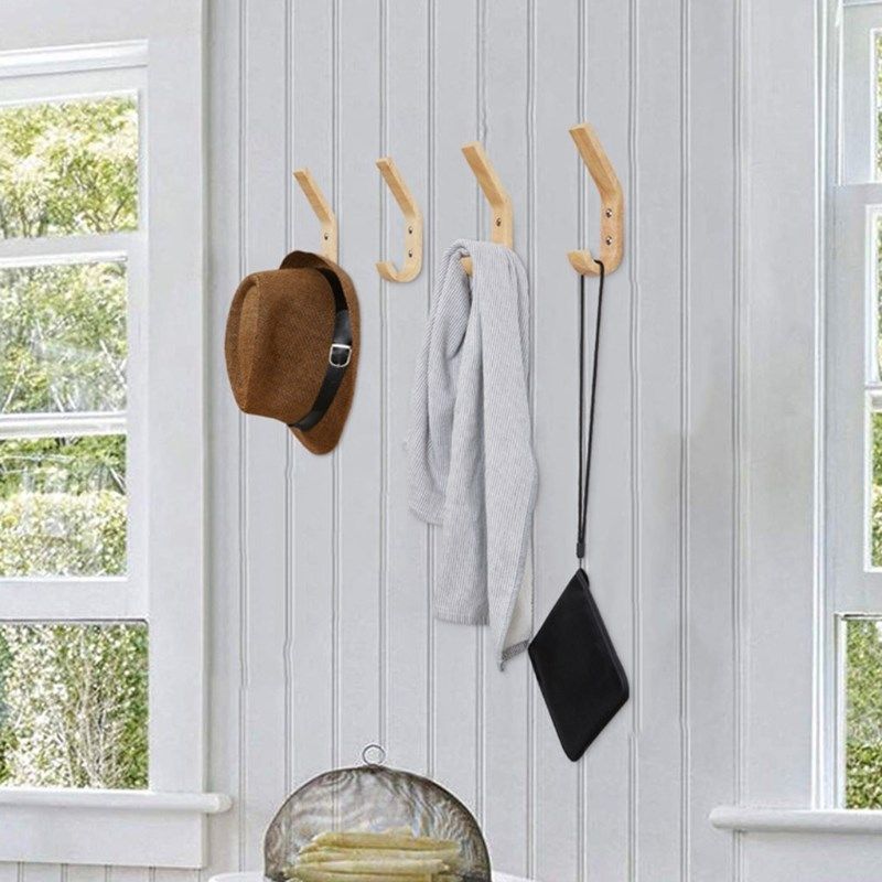 Pack of 2 Natural Wooden Coat Hooks Wall Mounted Vintage Be