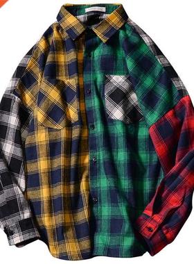 New Men's Loose Plaid Shirt Casual Jacket Teen Long