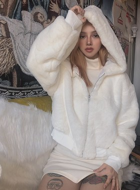 Sisterlinda Women Hooded Faux Fur Coat Fashion Long Sleeve T