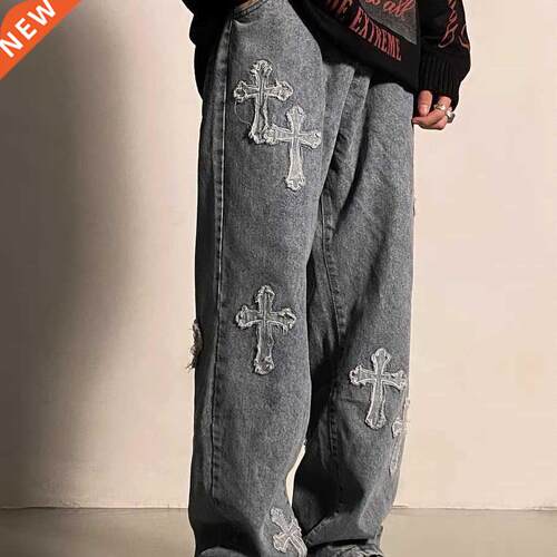 Retro Y2K embroidered men	s jeans European and American h