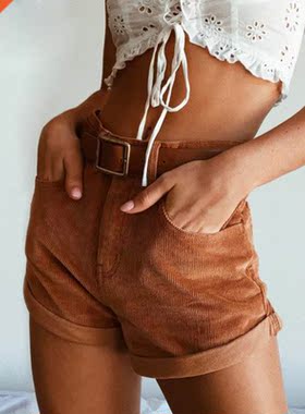 Summer Corduroy Shorts Women Solid Color Stch Short Pants Hi