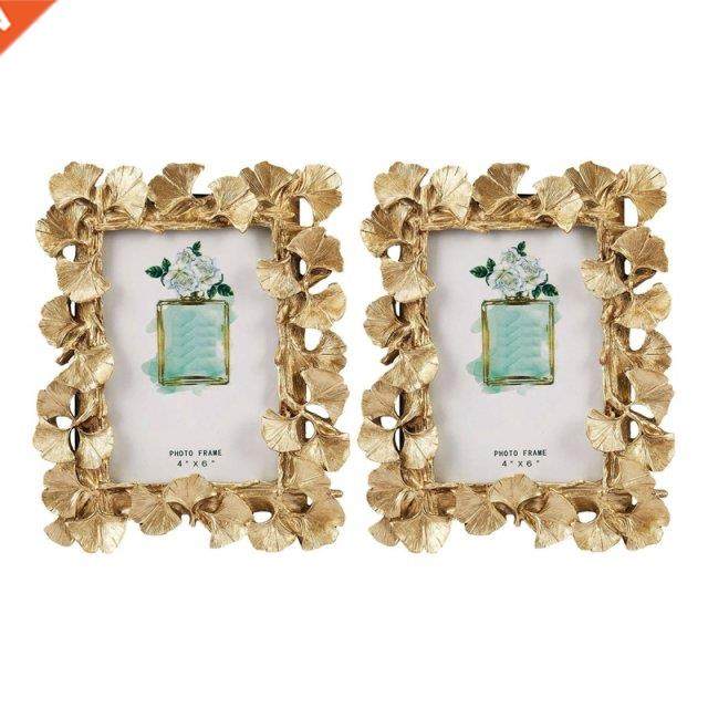 2X Resin Retro Frame Golden Ginkgo Leaf Photo Frame Home Dec