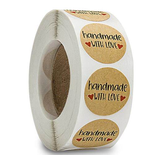 100-500pcs/lot Kraft Paper Sticker Handmade With Love Round