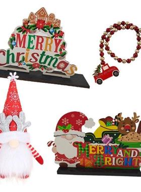 4 Pieces Merry Christmas Wooden Sign Desktop Ornament Facele
