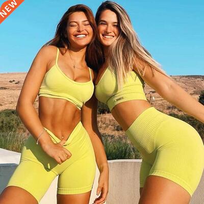 RIBBED Seamless Workouts Shorts Biker 2 Piece Set Scoop Ne
