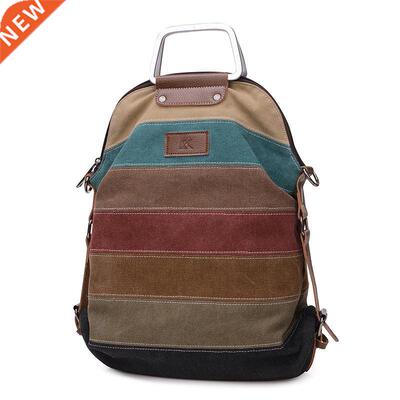 Panelled Sripe Canvas Backpack Women Vintage Female Backpac