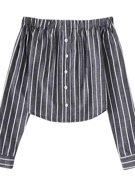 women blouse Button Striped Backless Off Shoulder Long Slee