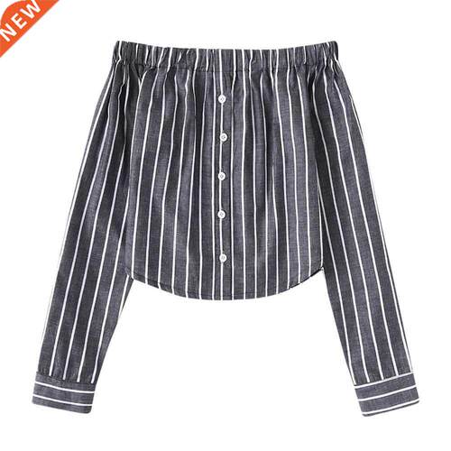 women blouse Button Striped Backless Off Shoulder Long Slee