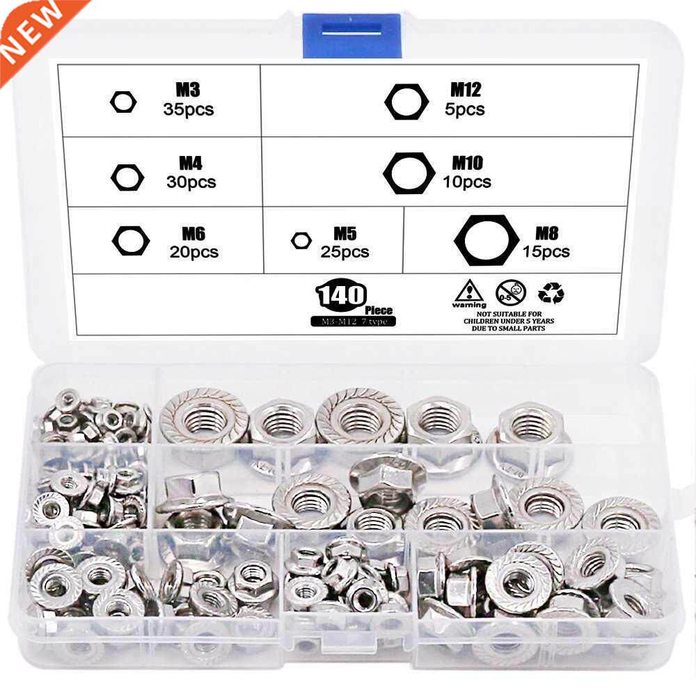 140Pcs M3 M4 M5 M6 M8 M10 M12 Hex Flange Nuts Assortment Kit