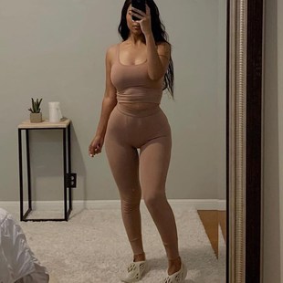 Ribbed Knitted Women 2 Piece Set Gym Crop Tank Top Leggings