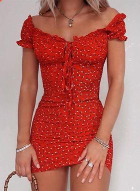 Women Floral Wrap Dress Off Shoulder Tie Up Front Ruffle Min