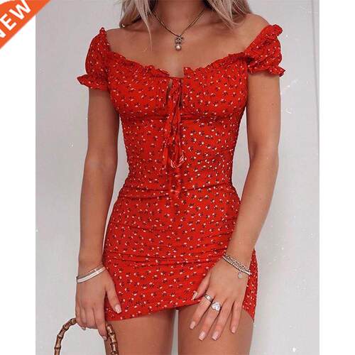 Women Floral Wrap Dress Off Shoulder Tie Up Front Ruffle Min