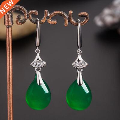 Natural Green Jade Chalcedony Water Drop Earrings 925 Silver